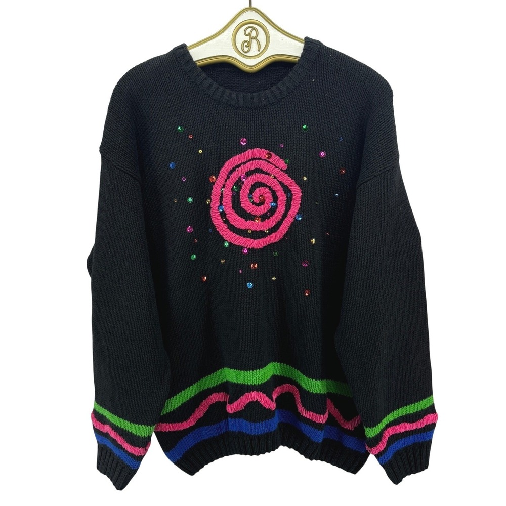 Vintage Black Swirl Sequin Knit Sweater Funky Retro Maximalist Colorful XL
